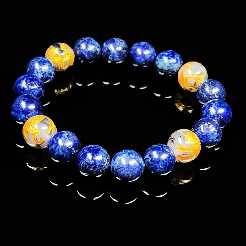 【判断力を高めるストーン】１０ミリ 金彫四神獣 ドラゴンアゲート ラピスラズリ ブレスレット sisin23