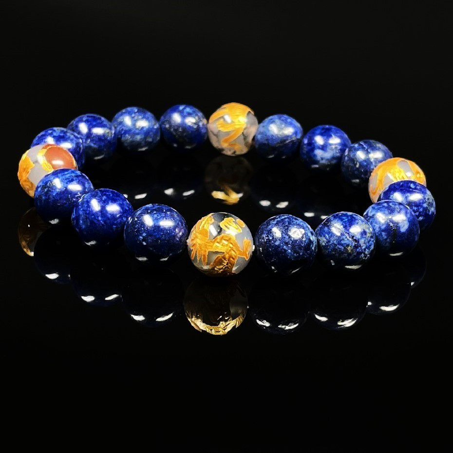 【判断力を高めるストーン】１０ミリ 金彫四神獣 ドラゴンアゲート ラピスラズリ ブレスレット sisin23