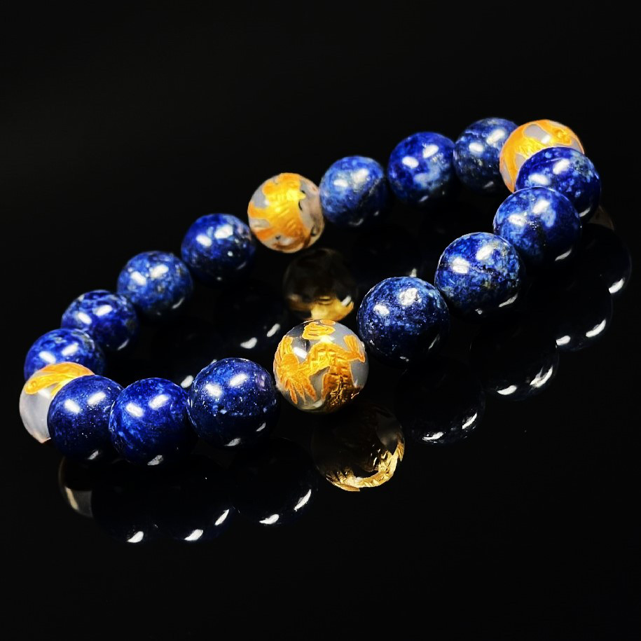 【判断力を高めるストーン】１０ミリ 金彫四神獣 ドラゴンアゲート ラピスラズリ ブレスレット sisin23