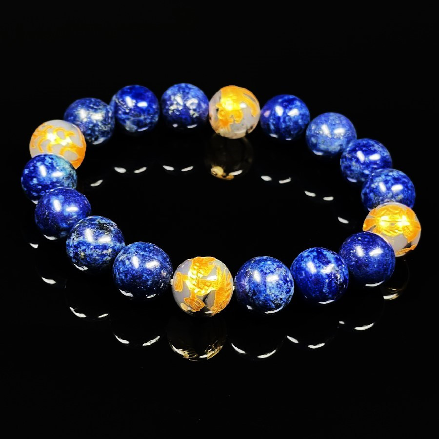 【判断力を高めるストーン】１０ミリ 金彫四神獣 ドラゴンアゲート ラピスラズリ ブレスレット sisin23