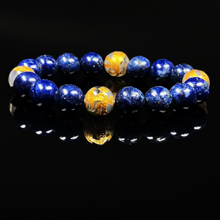 【判断力を高めるストーン】１０ミリ 金彫四神獣 ドラゴンアゲート ラピスラズリ ブレスレット sisin23