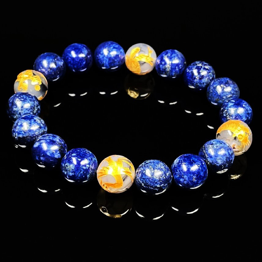 【判断力を高めるストーン】１０ミリ 金彫四神獣 ドラゴンアゲート ラピスラズリ ブレスレット sisin23