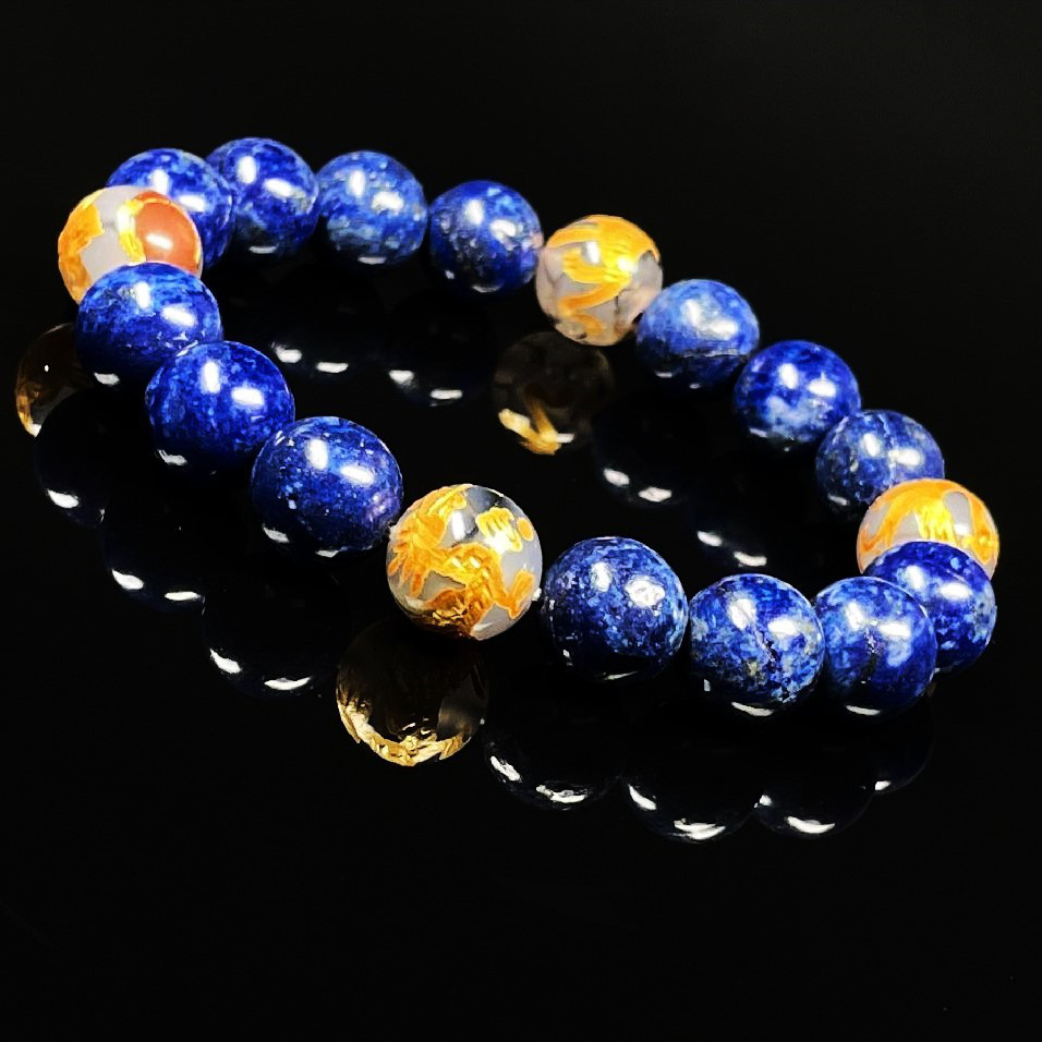 【判断力を高めるストーン】１０ミリ 金彫四神獣 ドラゴンアゲート ラピスラズリ ブレスレット sisin23