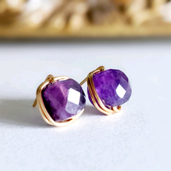 14kgf 寶石級紫水晶 [愛的守護石] 金屬絲耳釘或耳環 第1張的照片