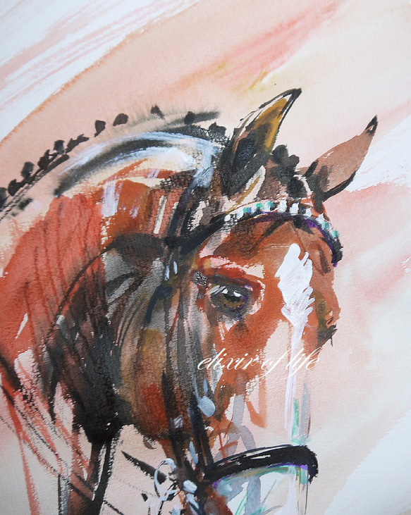 赤い馬場馬術の馬２０２２(水彩画用紙、20cm×２９ｃｍ、Ａ４サイズ、墨、水彩、アクリル） 2枚目の画像