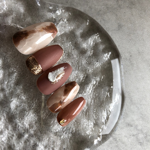 ニュアンスネイルチップ/秋ネイル/マットネイル/天然石ネイル/ブラウン