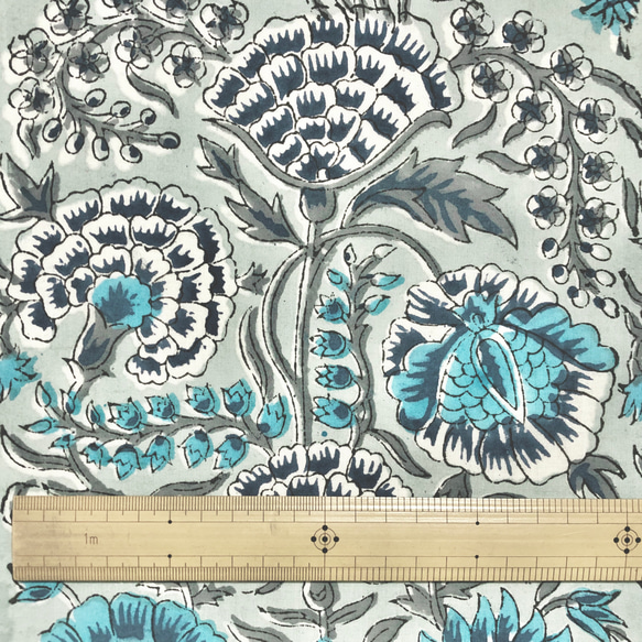 [50cm單位]灰色海洋藍花印度手工塊印花織物紡織品 第6張的照片