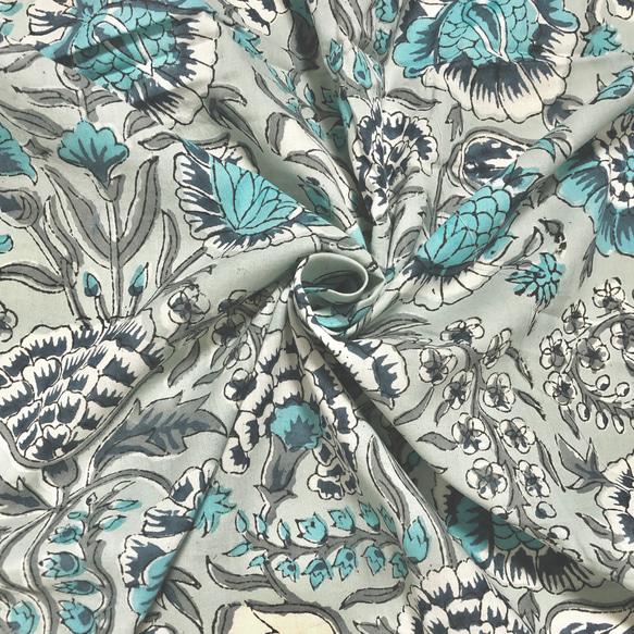 [50cm單位]灰色海洋藍花印度手工塊印花織物紡織品 第1張的照片