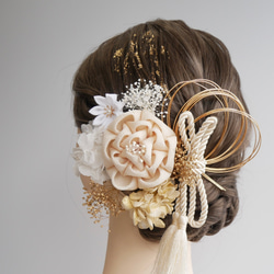 A452 カメリア つまみ細工 ドライフラワー 髪飾り アイボリー ゴールド