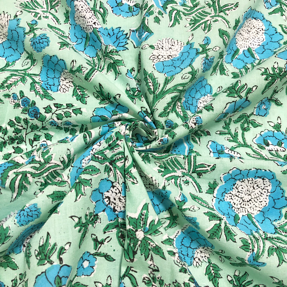 [50cm單位]淺綠色淺藍色花朵印度手工塊印花織物紡織品 第1張的照片