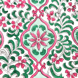 [50cm單位]白色粉紅色花綠葉印度手工塊印花織品 第3張的照片