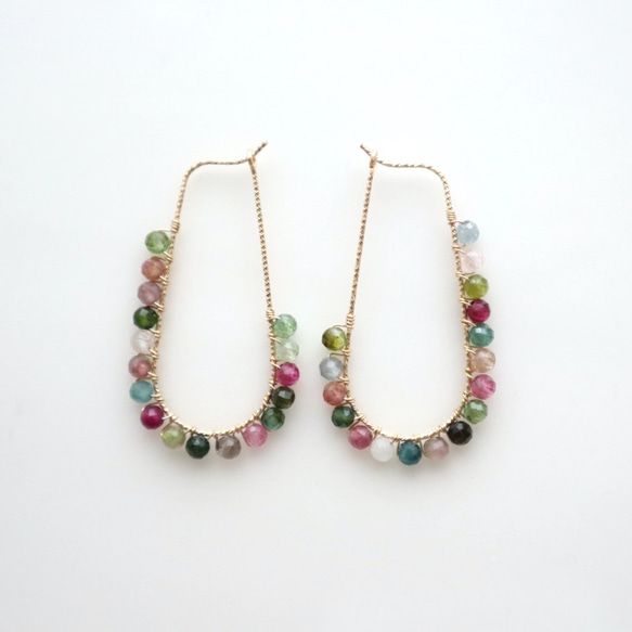 ｛ピアス｝14kgf/twist hoop earrings マルチカラートルマリン〔10月誕生石〕 2枚目の画像