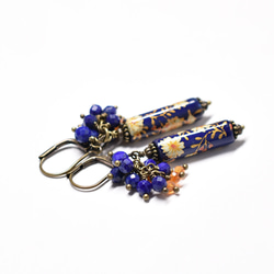 日本天藍色復古珠和重青金石和瑪瑙耳環 第5張的照片