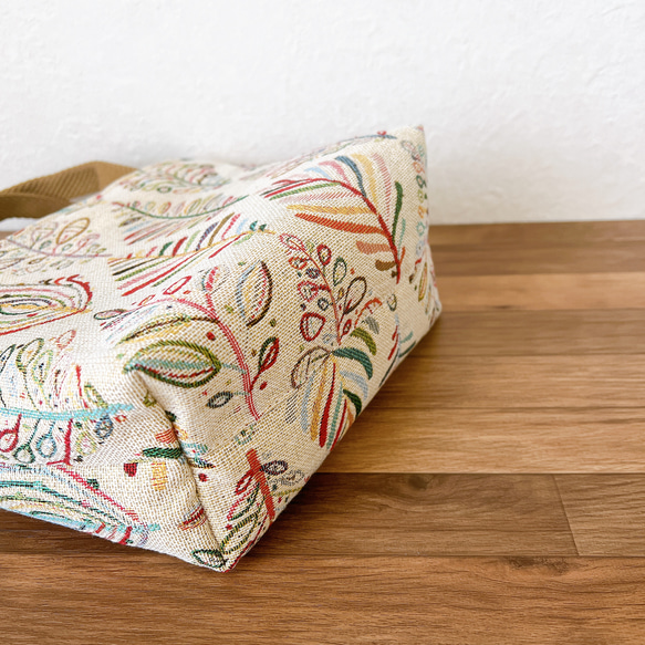〈コンパクトサイズ〉スペイン製・ゴブラン織/カラフルリーフ（ツリー）トートバッグ 6枚目の画像