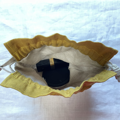 ミモザ巾着袋 刺繍巾着袋 リネン巾着袋 コスメ入れ アクセサリー入れ