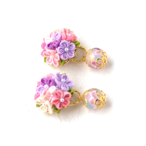 ❁芝桜Aとんぼ玉イヤリング・大人かわいいつまみ細工アクセサリー