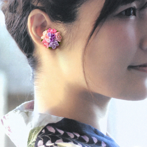 ❁芝桜Aとんぼ玉イヤリング・大人かわいいつまみ細工アクセサリー
