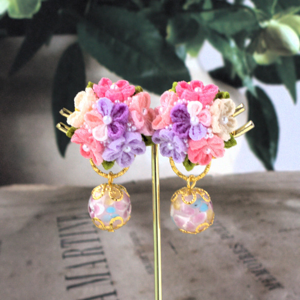 ❁芝桜Aとんぼ玉イヤリング・大人かわいいつまみ細工アクセサリー