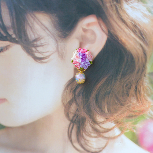 ❁芝桜Aとんぼ玉イヤリング・大人かわいいつまみ細工アクセサリー