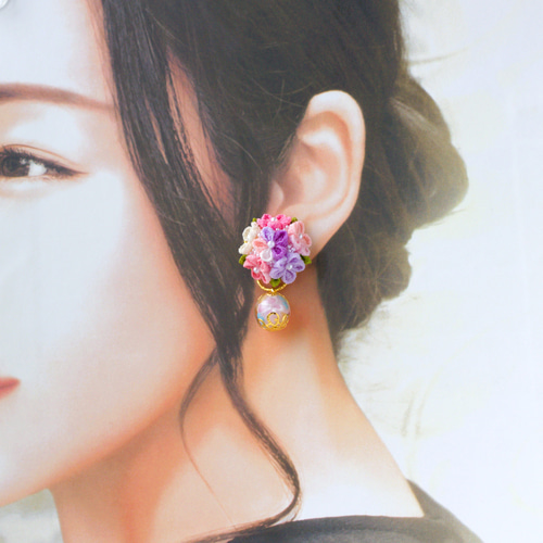 ❁芝桜Aとんぼ玉イヤリング・大人かわいいつまみ細工アクセサリー