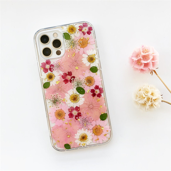 桜 iPhone14Pro/13Pro/SE/Xperia10IV/GALAXYS23 スマホリング 押し花ケース 1枚目の画像