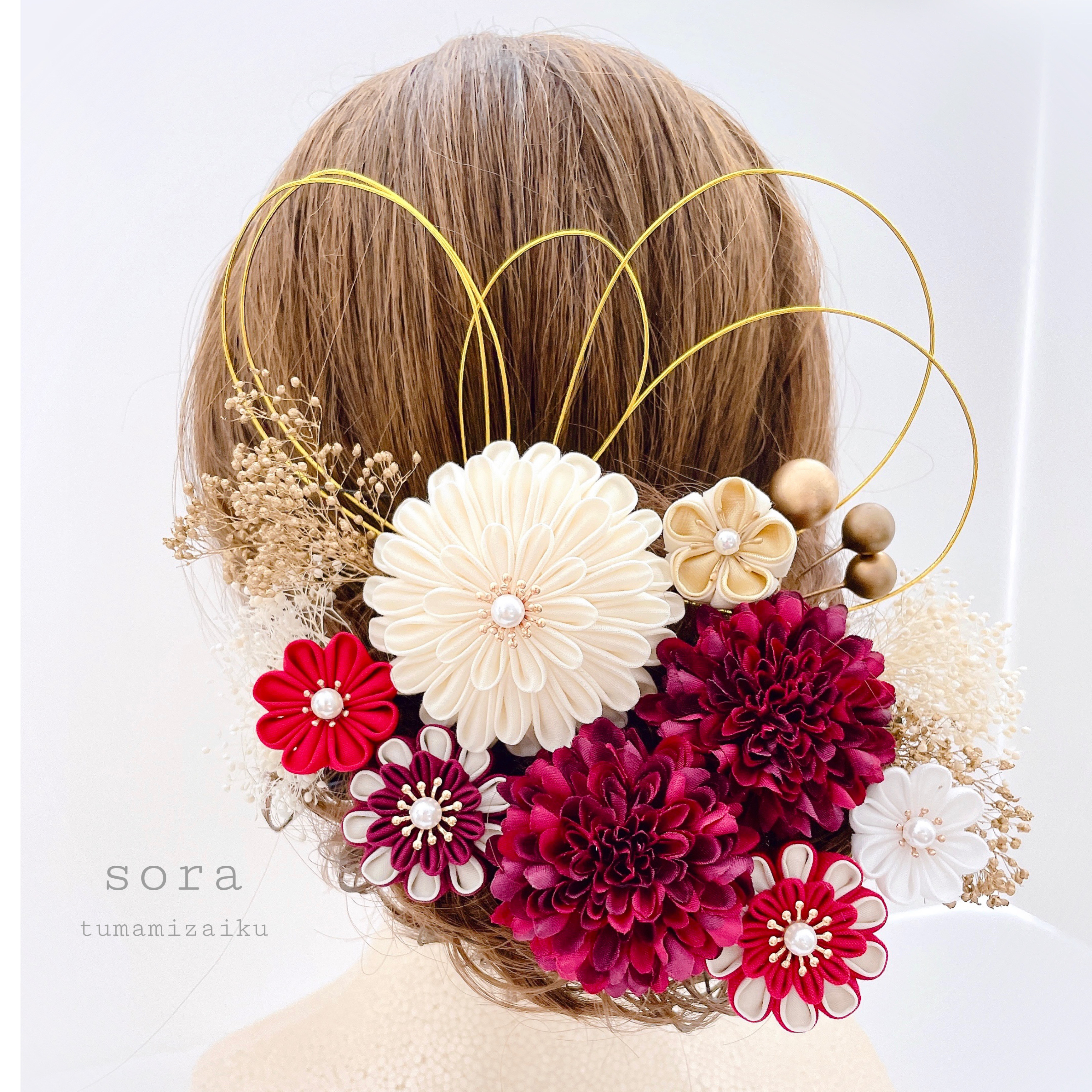 つまみ細工　髪飾り　ポンポンマム　【アイボリー×ボルドー】成人式　ウェディング　和装　アーティフィシャルフラワー　卒業式