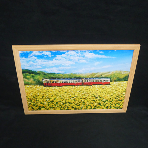 油絵 絵画 菜の花畑を走る小湊鉄道 【Ａ4】 油絵 絵画 菜の花畑を走る小湊鉄道 【A4】
