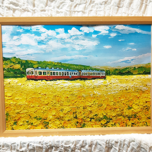 油絵 油彩 油彩画 絵画【石神の菜の花畑を走る鉄道】