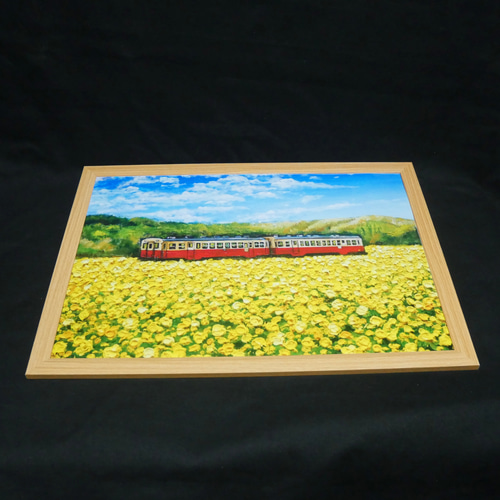 油絵 絵画 菜の花畑を走る小湊鉄道 【A4】