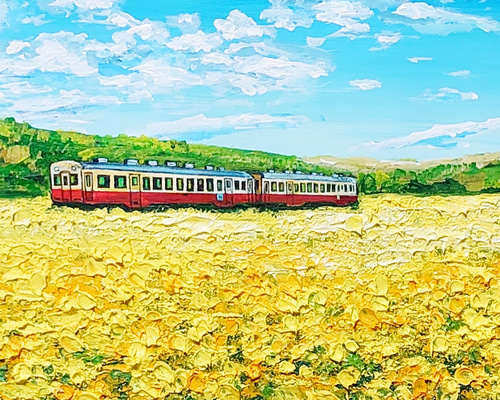 油絵 油彩 油彩画 絵画【石神の菜の花畑を走る鉄道】
