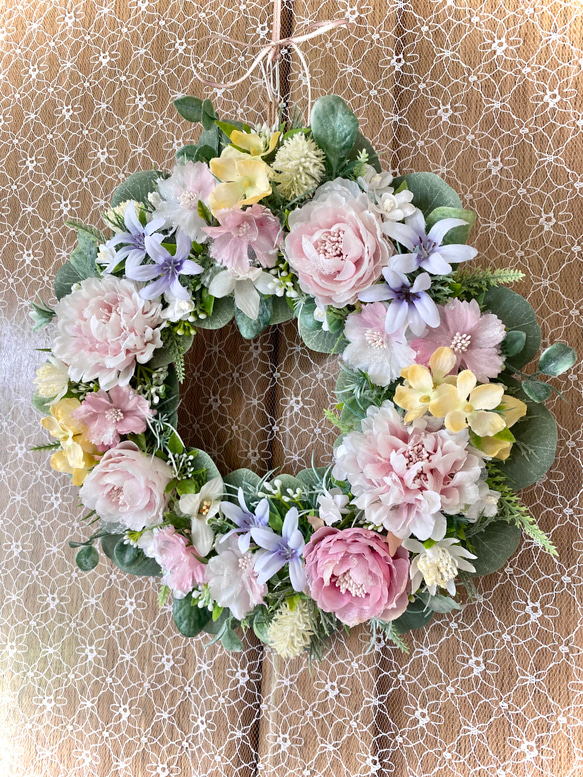 ＊Flower wreathe♡ピンクラナンキュラスのパステルカラーリース♡アーティフィシャルフラワー♡29×28＊ 4枚目の画像