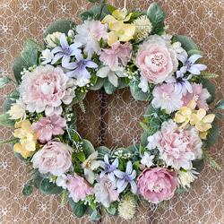 ＊Flower wreathe♡ピンクラナンキュラスのパステルカラーリース♡アーティフィシャルフラワー♡29×28＊ 1枚目の画像