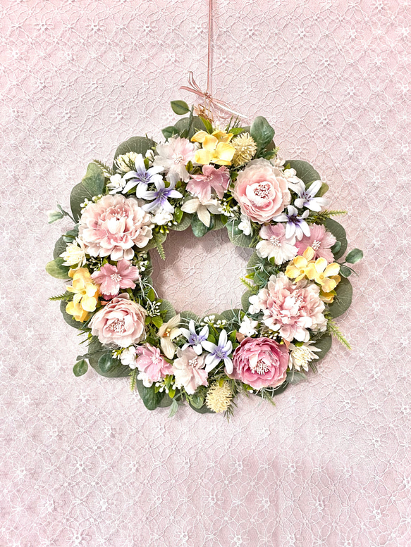 ＊Flower wreathe♡ピンクラナンキュラスのパステルカラーリース♡アーティフィシャルフラワー♡29×28＊ 2枚目の画像