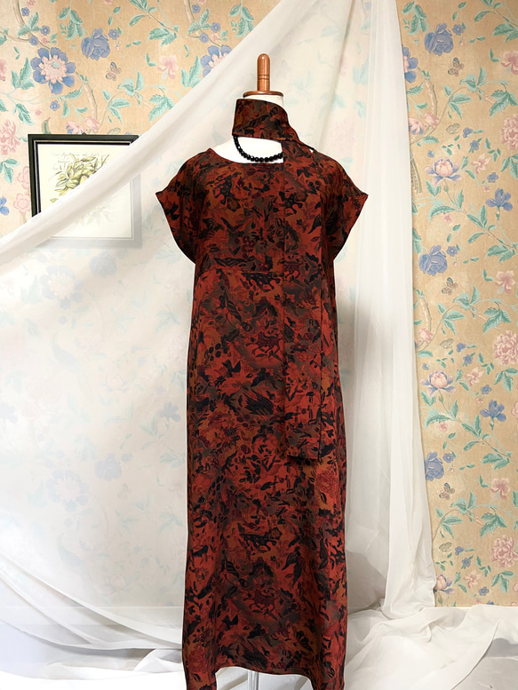 着物　ワンピース　フレンチスリーブ　ドレス　作家物　正絹　リメイク　ハンドメイド 縮緬 大和路の紅葉 フレンチスリーブワンピース&リボンベルト