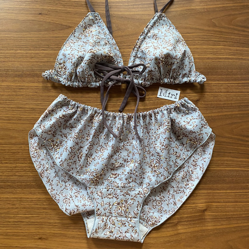 SALE】ゆるブラ&ふんどしパンツ 上下セット グレー×こげちゃ花柄