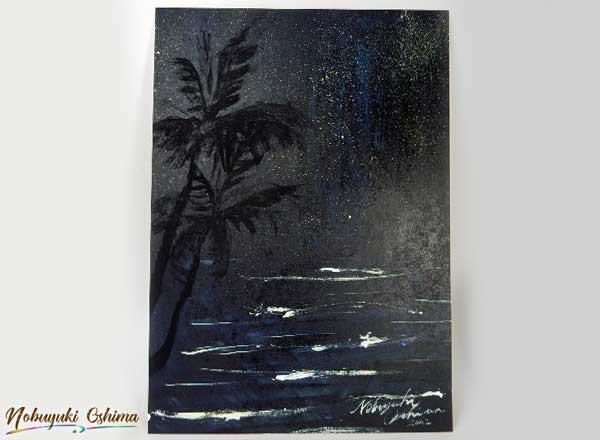絵画☆原画（1点限り）『星降る波の夜』（アクリル水彩画 2022年