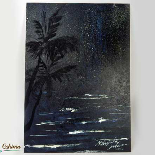 絵画☆原画（1点限り）『星降る波の夜』（アクリル水彩画 2022年