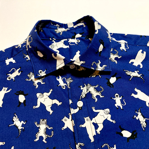 Playful Chic ｜アニマル柄 半袖シャツ｜ブルー｜メンズM｜一点もの