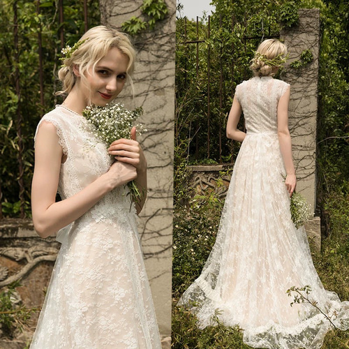 ウエディングドレス ホルターネック ソフトチュール シースルー袖 演奏  