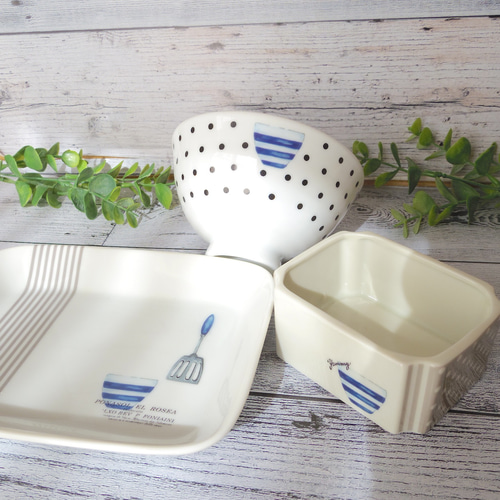 ご飯茶碗＆スクエアトレー＆小物入れ 磁器 ストライプ ドット