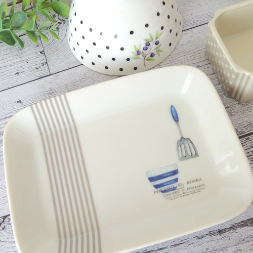 ご飯茶碗＆スクエアトレー＆小物入れ 磁器 ストライプ ドット