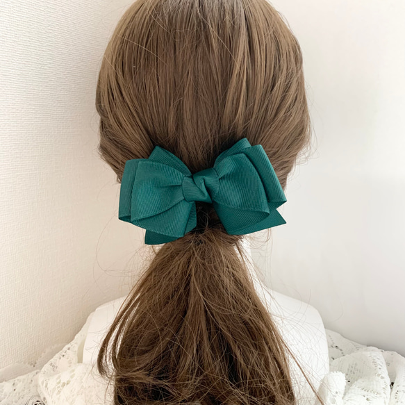 【送料無料】アリアリボン 秋冬色  紺 深緑 クリスマス リボンヘアアクセサリー バレッタ ポニーフック ヘアゴム 6枚目の画像