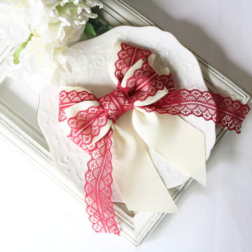 色変更可 グレースリボン 赤 黒 × アンティークホワイト レース