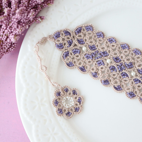 ☆送料無料☆タティングレースのクラシカルブックマーク ＊ラベンダー