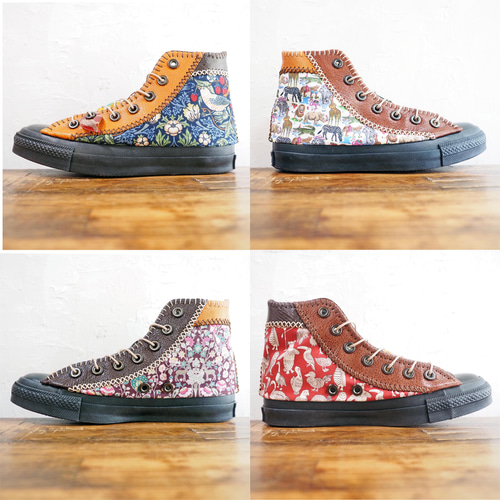 リバティとウィリアムモリス生地と牛革のパッチワーク靴】