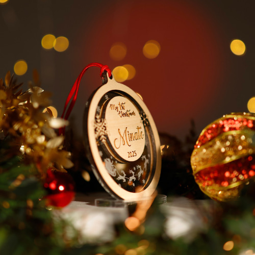 ミラーアクリル×木材 アクリル×木材 名入れ クリスマスオーナメント