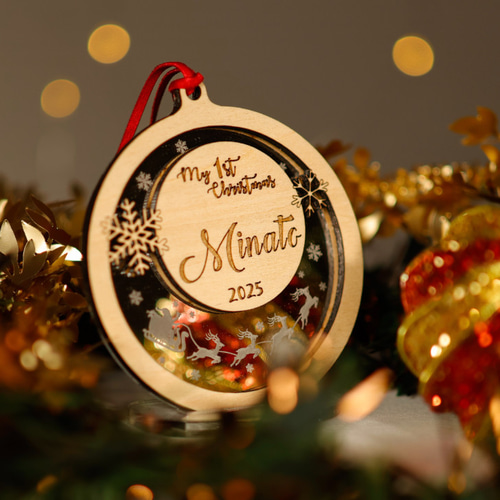 ミラーアクリル×木材 アクリル×木材 名入れ クリスマスオーナメント