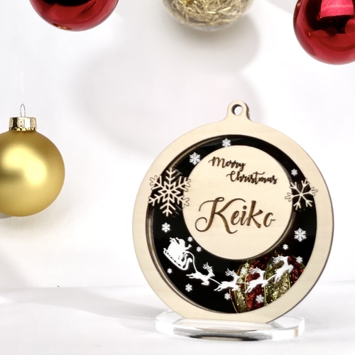 ミラーアクリル×木材 アクリル×木材 名入れ クリスマスオーナメント