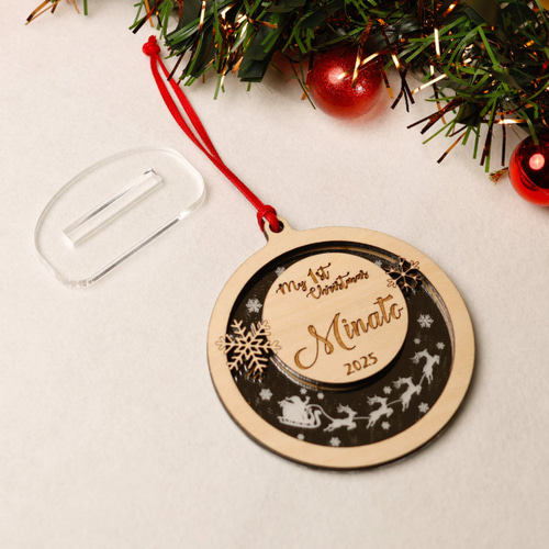 ミラーアクリル×木材 アクリル×木材 名入れ クリスマスオーナメント