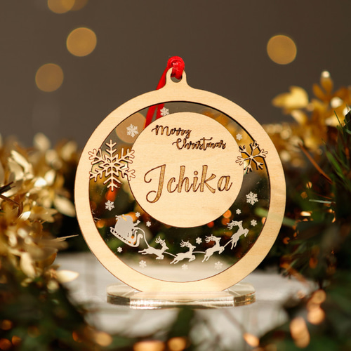 ミラーアクリル×木材 アクリル×木材 名入れ クリスマスオーナメント